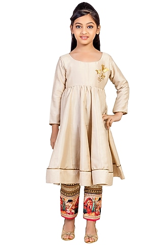 Cream Silk Lace Embroidered Kurta Set For Girls by K&U