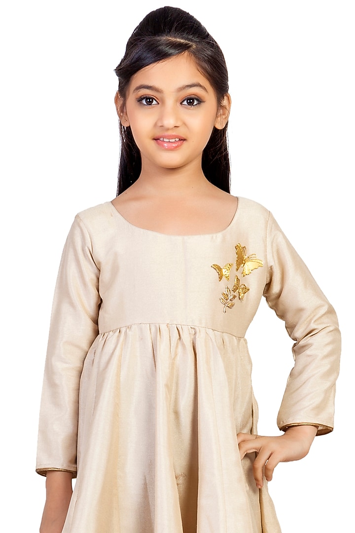 Cream Silk Lace Embroidered Kurta Set For Girls by K&U at Pernia's Pop Up Shop