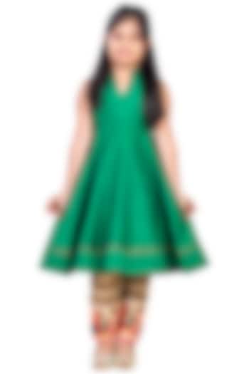 Green Silk Lace Embroidered Kurta Set For Girls by K&U