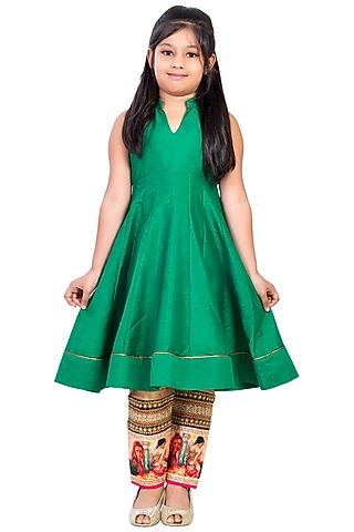 Green Silk Lace Embroidered Kurta Set For Girls by K&U
