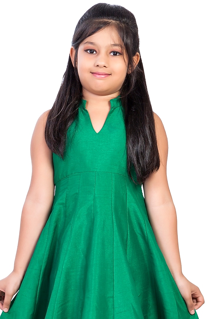 Green Silk Lace Embroidered Kurta Set For Girls by K&U at Pernia's Pop Up Shop
