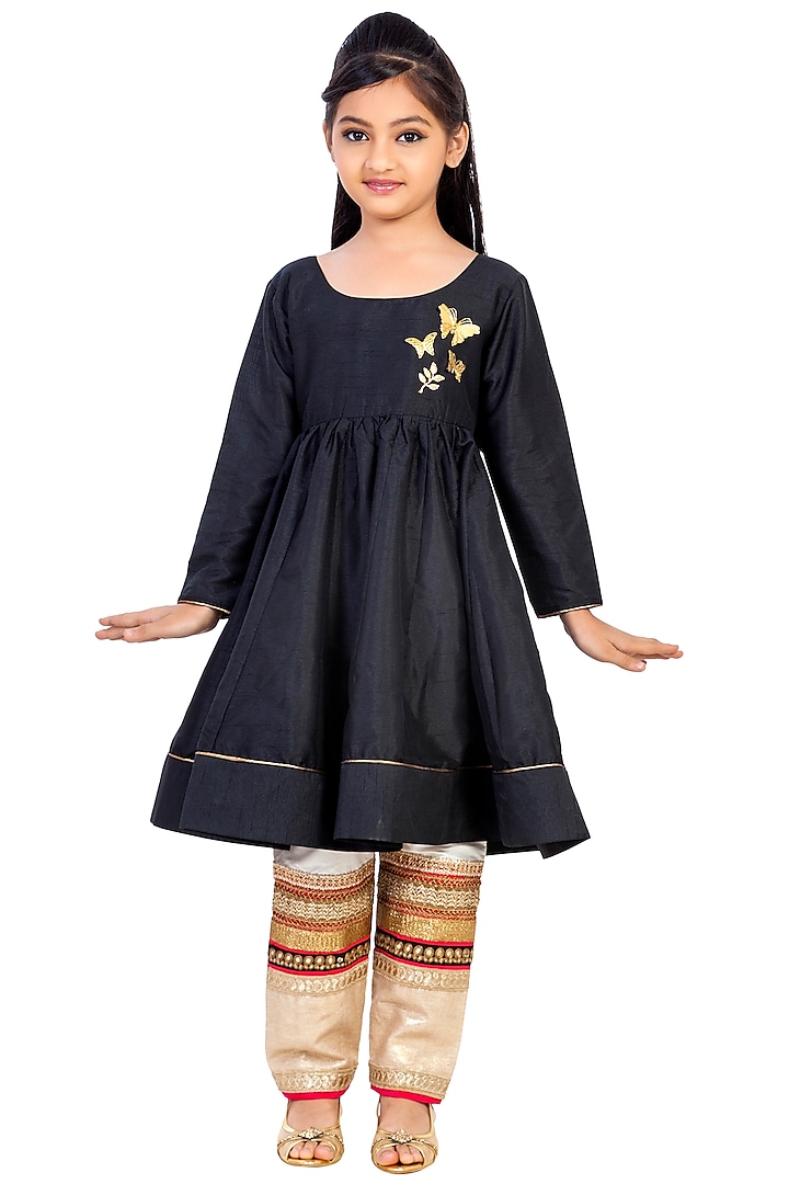 Black Silk Lace Embroidered Kurta Set For Girls by K&U