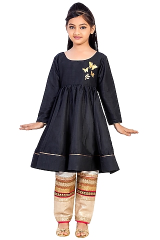 Black Silk Lace Embroidered Kurta Set For Girls by K&U