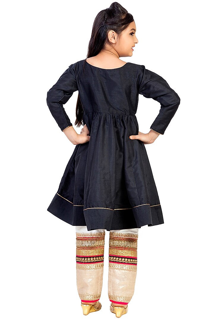 Black Silk Lace Embroidered Kurta Set For Girls by K&U at Pernia's Pop Up Shop