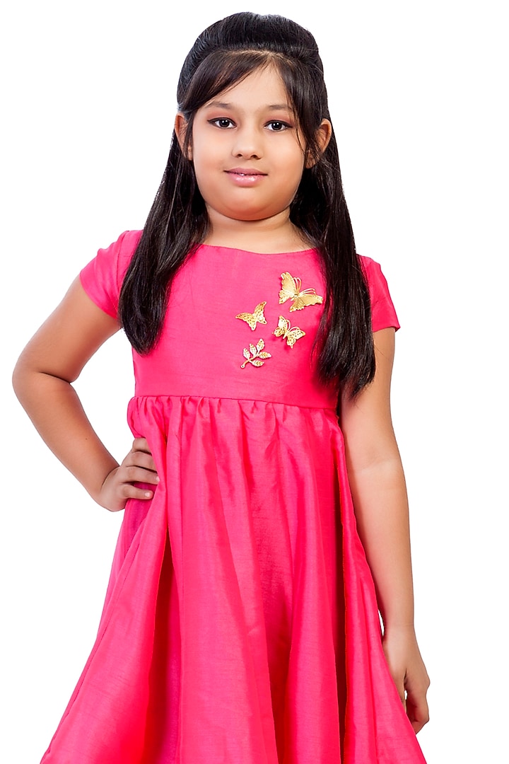 Pink Silk Lace Embroidered Kurta Set For Girls by K&U at Pernia's Pop Up Shop