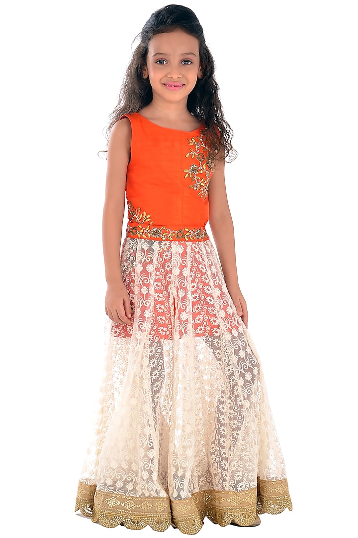 Cream Chikankari Layered Skirt Set For Girls by K&U