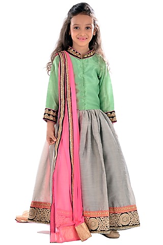Grey Cotton Glaze Lehenga Set For Girls by K&U