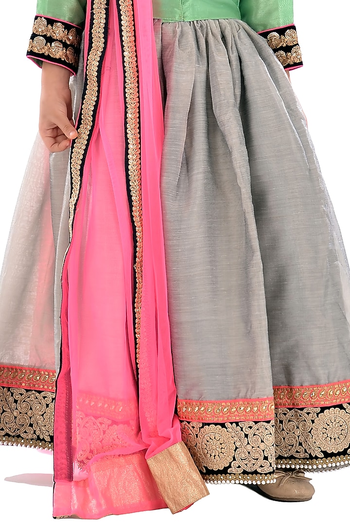 Grey Cotton Glaze Lehenga Set For Girls by K&U at Pernia's Pop Up Shop