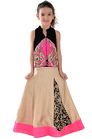Beige Silk Lehenga Zardosi Embroidered Set For Girls by K&U