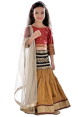 Mustard Silk & Velvet Zardosi Embroidered Lehenga Set For Girls by K&U