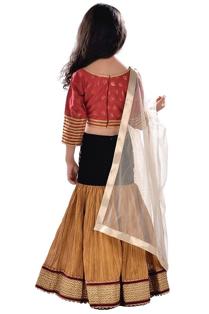 Mustard Silk & Velvet Zardosi Embroidered Lehenga Set For Girls by K&U at Pernia's Pop Up Shop