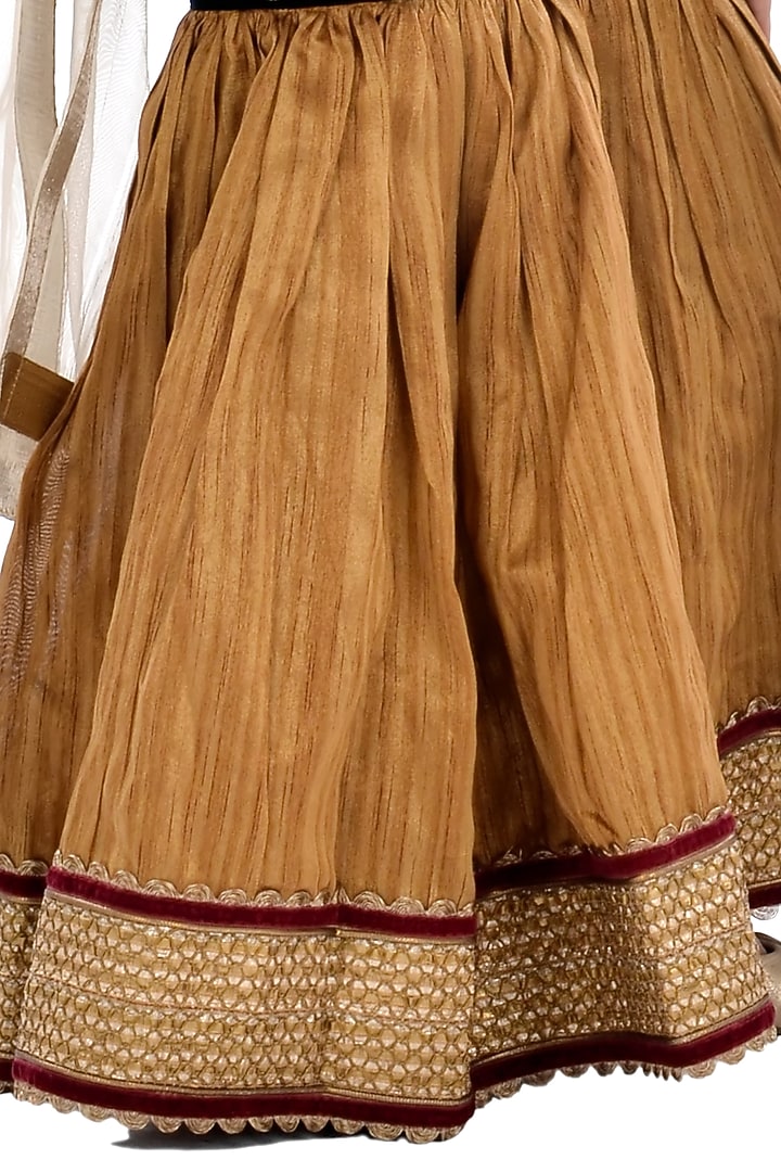Mustard Silk & Velvet Zardosi Embroidered Lehenga Set For Girls by K&U at Pernia's Pop Up Shop