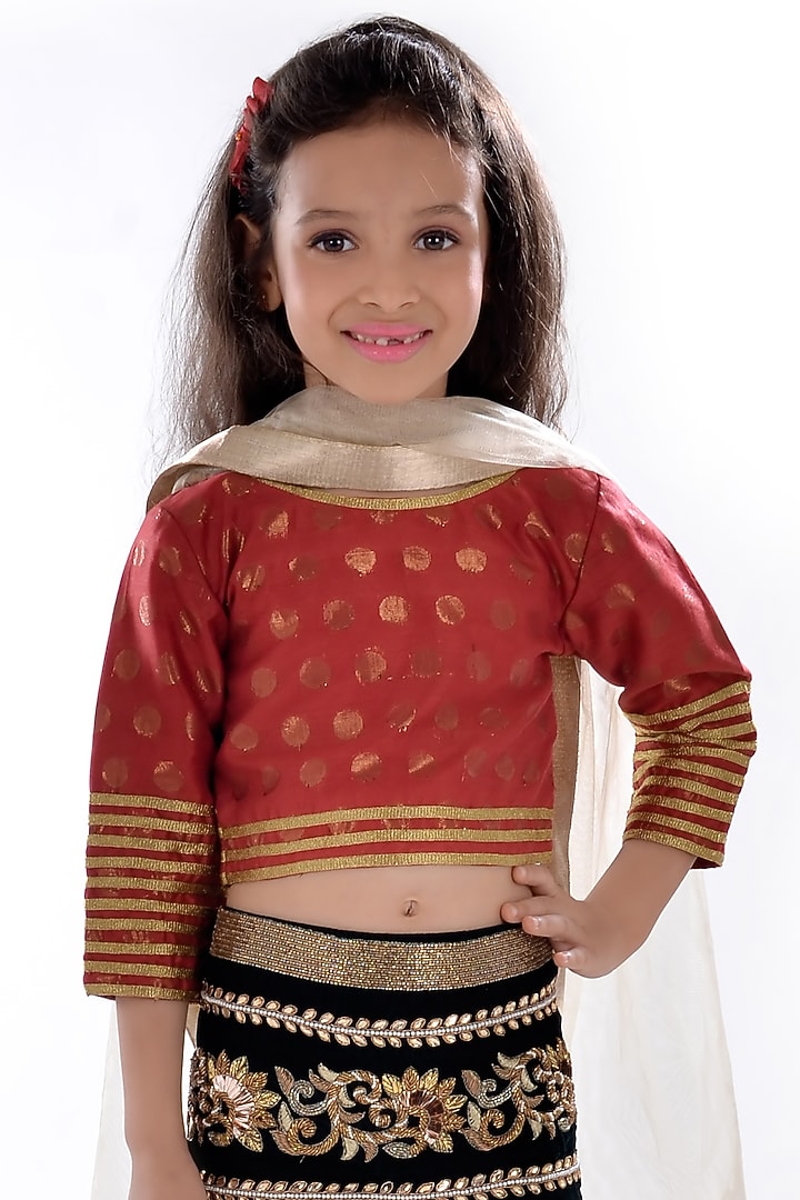 Mustard Silk & Velvet Zardosi Embroidered Lehenga Set For Girls by K&U at Pernia's Pop Up Shop