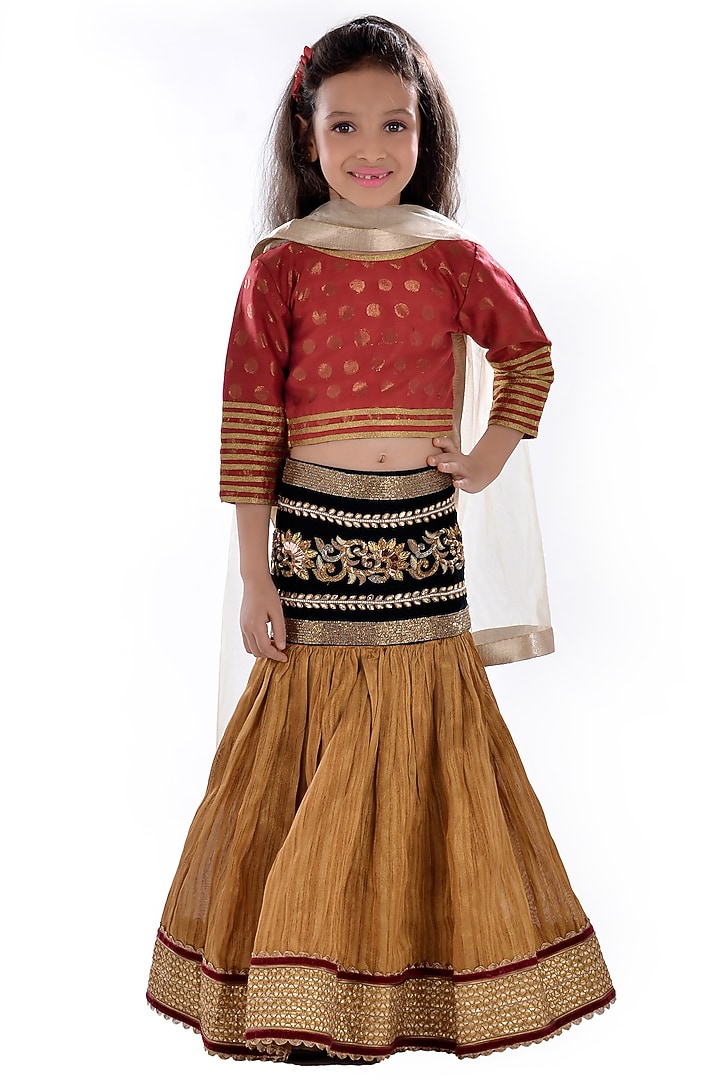 Mustard Silk & Velvet Zardosi Embroidered Lehenga Set For Girls by K&U at Pernia's Pop Up Shop