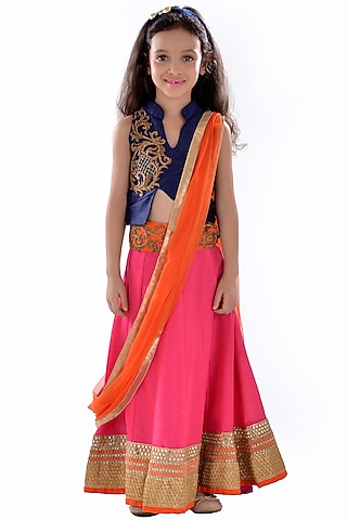 Hot Pink Silk Zardosi Embroidered Lehenga Set For Girls by K&U