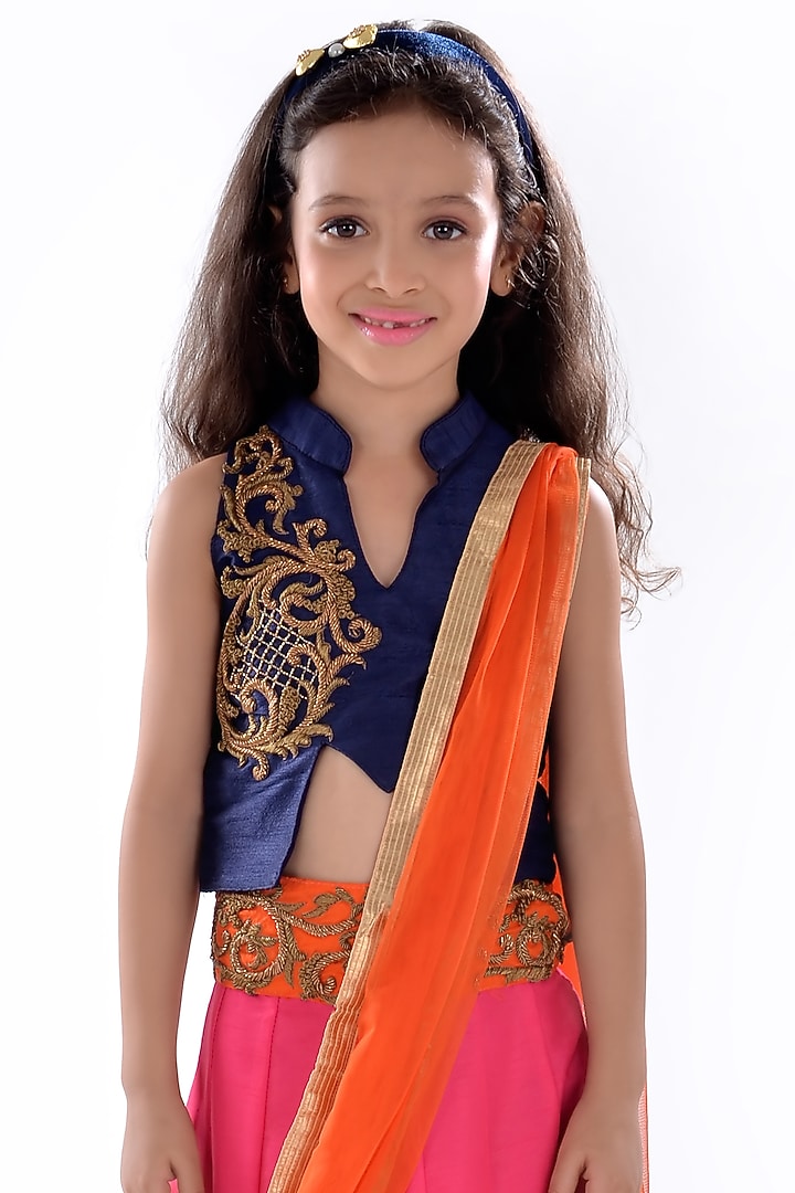 Hot Pink Silk Zardosi Embroidered Lehenga Set For Girls by K&U at Pernia's Pop Up Shop