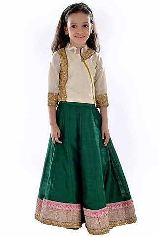 Green Jacquard Zardosi Embroidered Lehenga Set For Girls by K&U