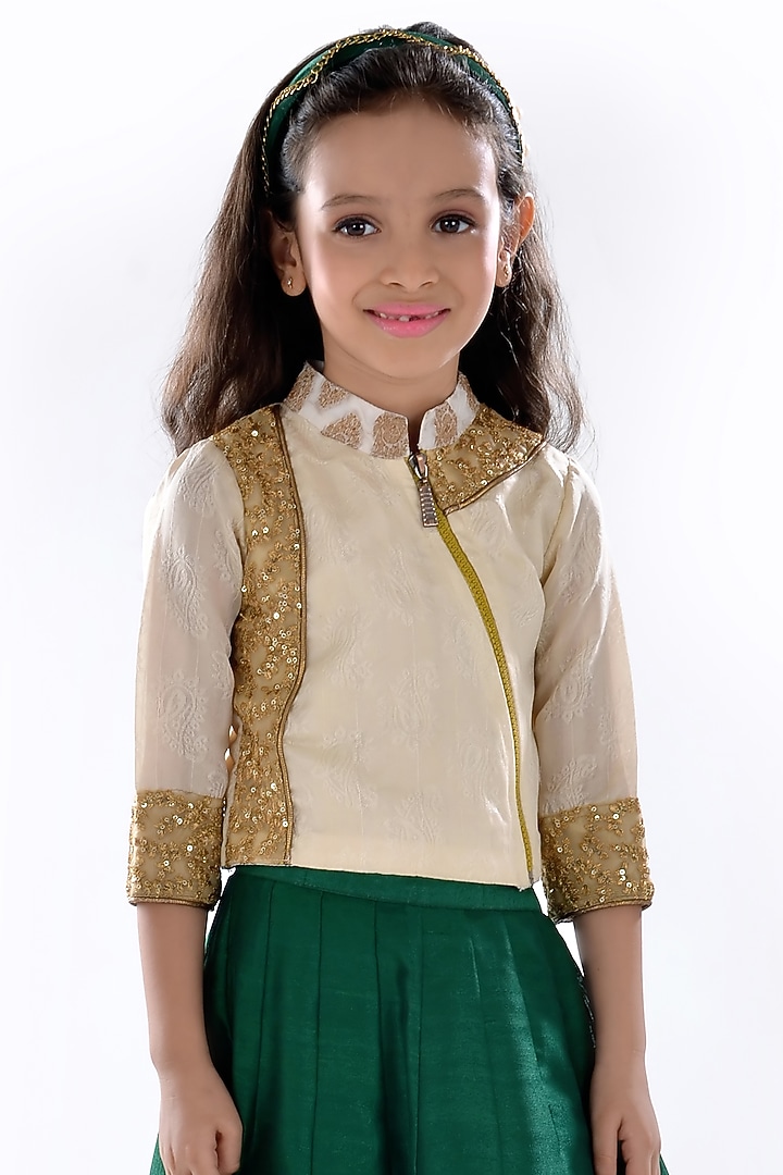 Green Jacquard Zardosi Embroidered Lehenga Set For Girls by K&U at Pernia's Pop Up Shop