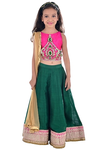 Green Jacquard Zardosi Embroidered Lehenga Set For Girls by K&U