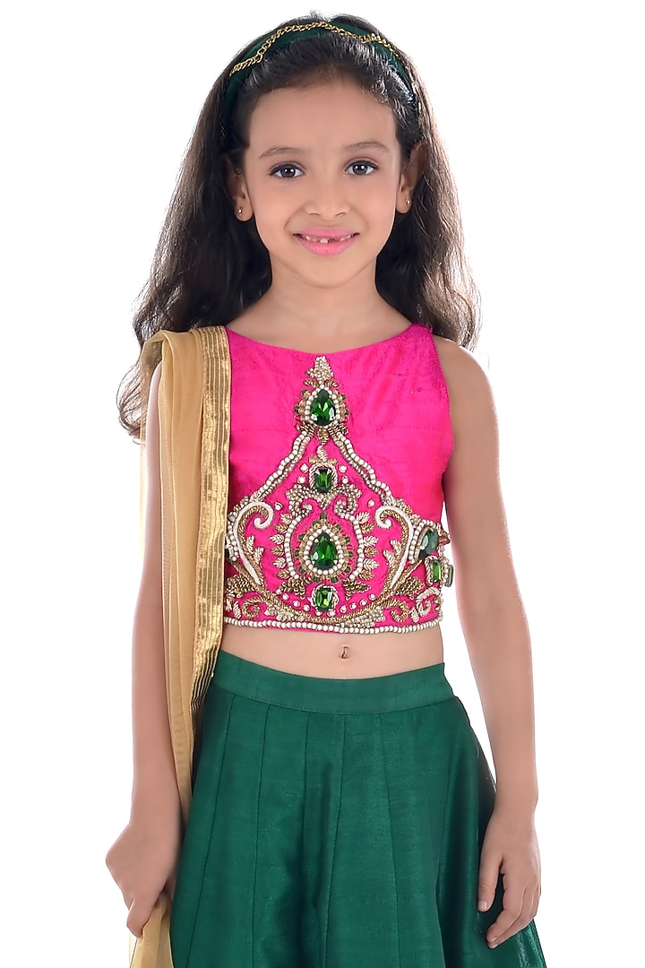 Green Jacquard Zardosi Embroidered Lehenga Set For Girls by K&U at Pernia's Pop Up Shop