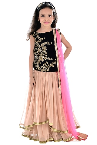 Soft Beige Net Lehenga Zardosi Embroidered Set For Girls by K&U