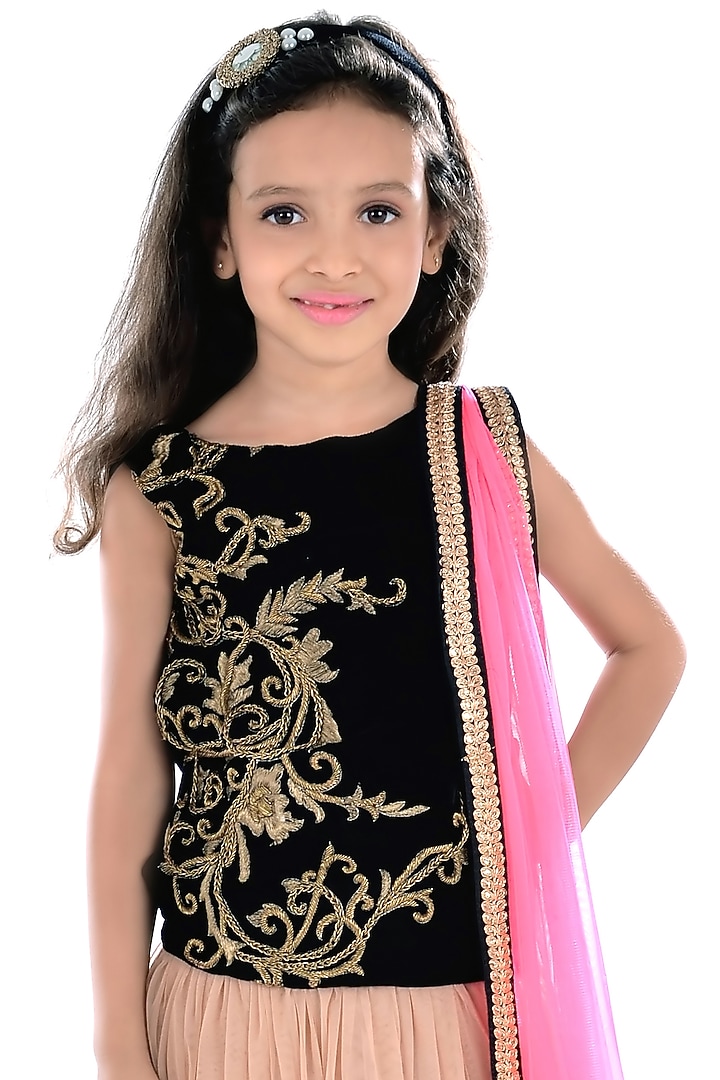 Soft Beige Net Lehenga Zardosi Embroidered Set For Girls by K&U at Pernia's Pop Up Shop