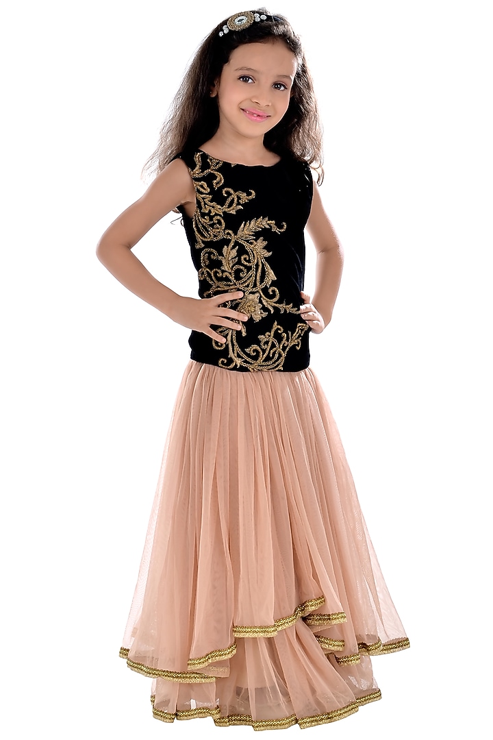 Soft Beige Net Lehenga Zardosi Embroidered Set For Girls by K&U at Pernia's Pop Up Shop