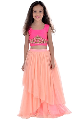 Peach Net Lehenga Set For Girls by K&U