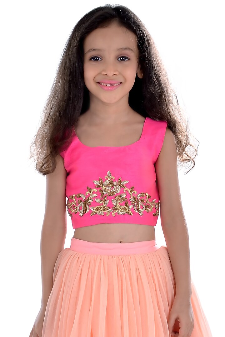 Peach Net Lehenga Set For Girls by K&U at Pernia's Pop Up Shop