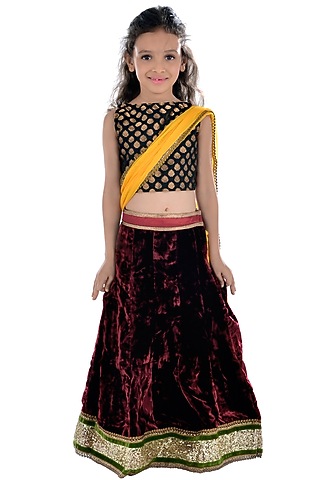 Maroon Velvet Lehenga Set For Girls by K&U