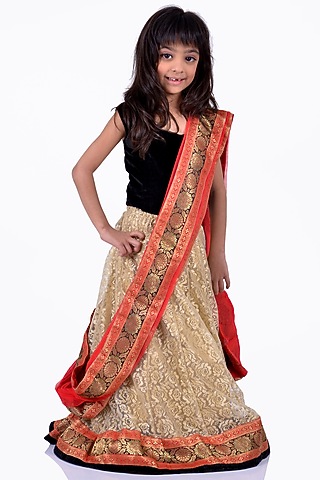 Golden Lace Lehenga Set For Girls by K&U