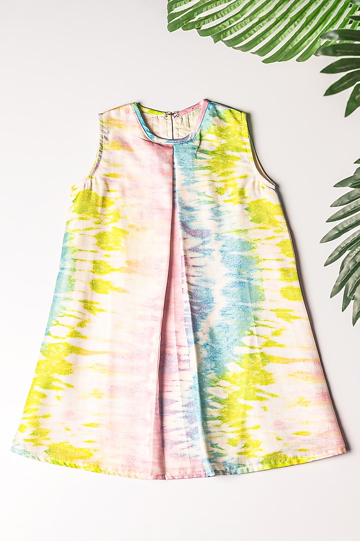 Off-White Linen Abstract Printed Dress For Girls by K&U