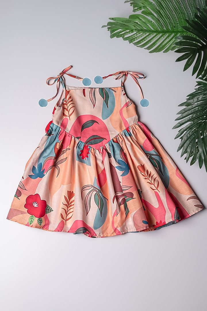 Beige Linen Abstract Printed Dress For Girls by K&U at Pernia's Pop Up Shop