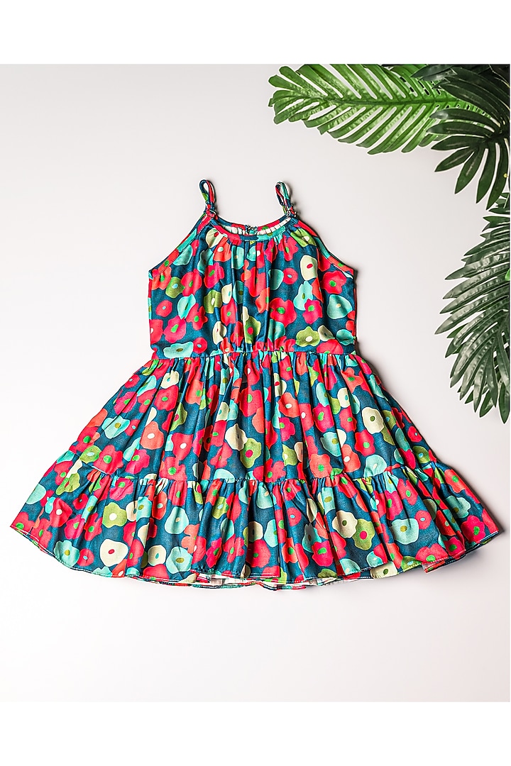 Teal Linen Abstract Printed Dress For Girls by K&U at Pernia's Pop Up Shop