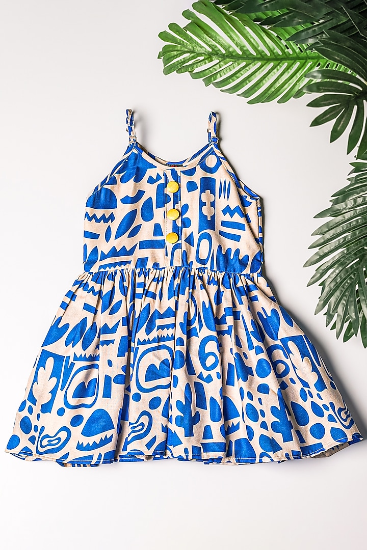 Blue Linen Abstract Printed Dress For Girls by K&U at Pernia's Pop Up Shop