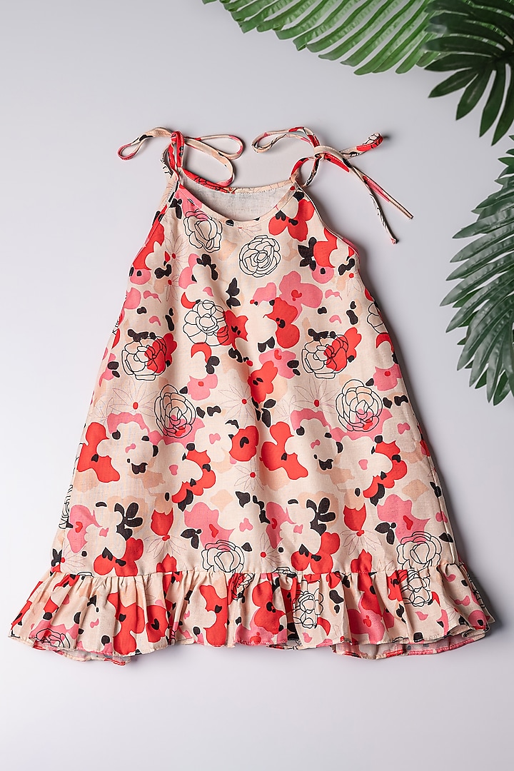 Beige Linen Abstract Printed Dress For Girls by K&U at Pernia's Pop Up Shop