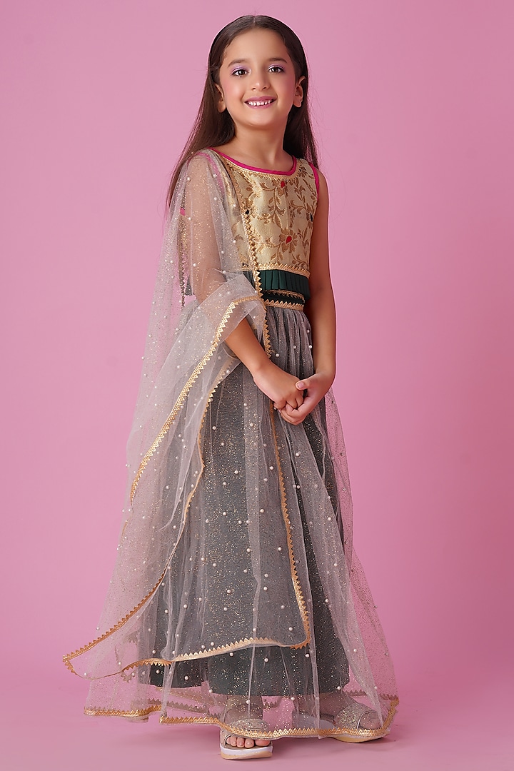 Green Silk & Brocade Lehenga Set For Girls by K&U at Pernia's Pop Up Shop