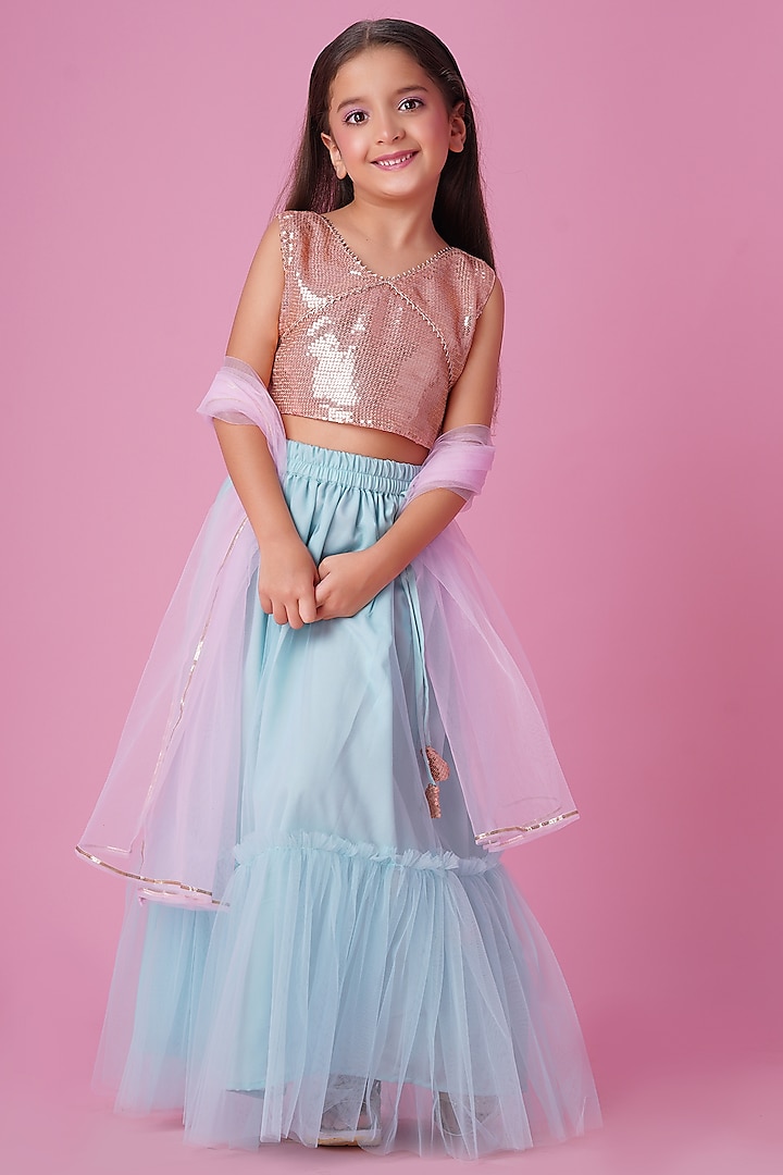 Aqua Blue Georgette Lehenga Set For Girls by K&U at Pernia's Pop Up Shop