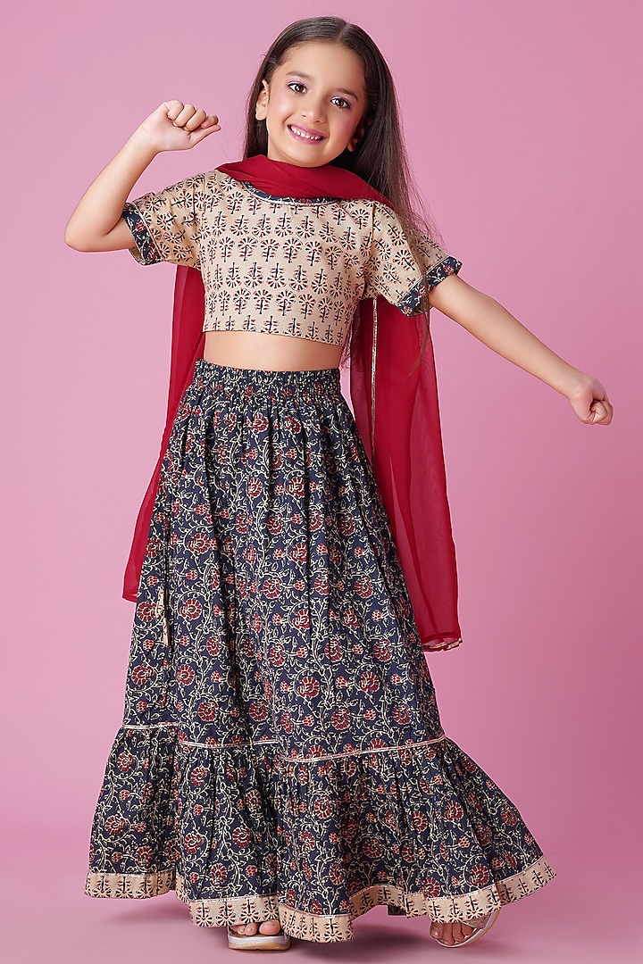 Blue Pure Cotton Printed Lehenga Set For Girls by K&U at Pernia's Pop Up Shop