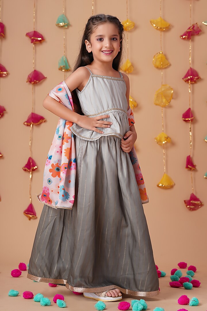 Olive Green Ombre Muslin Lehenga Set For Girls by K&U at Pernia's Pop Up Shop