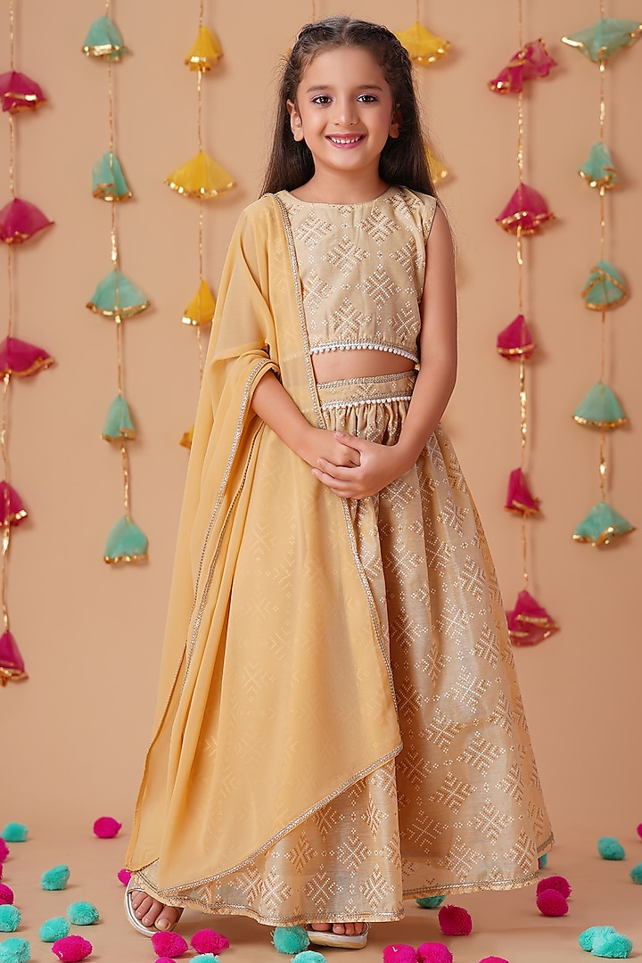 Beige Chanderi Foil Printed Lehenga Set For Girls by K&U at Pernia's Pop Up Shop