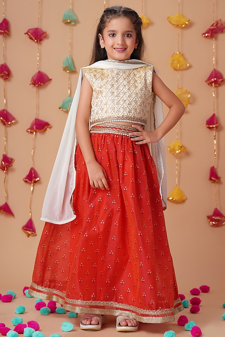 Red Chanderi Foil Printed Lehenga Set For Girls by K&U at Pernia's Pop Up Shop