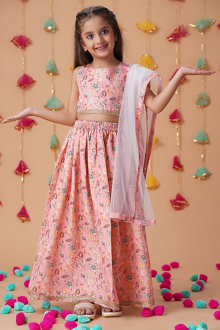 Peach Muslin Floral Printed Lehenga Set For Girls by K&U at Pernia's Pop Up Shop