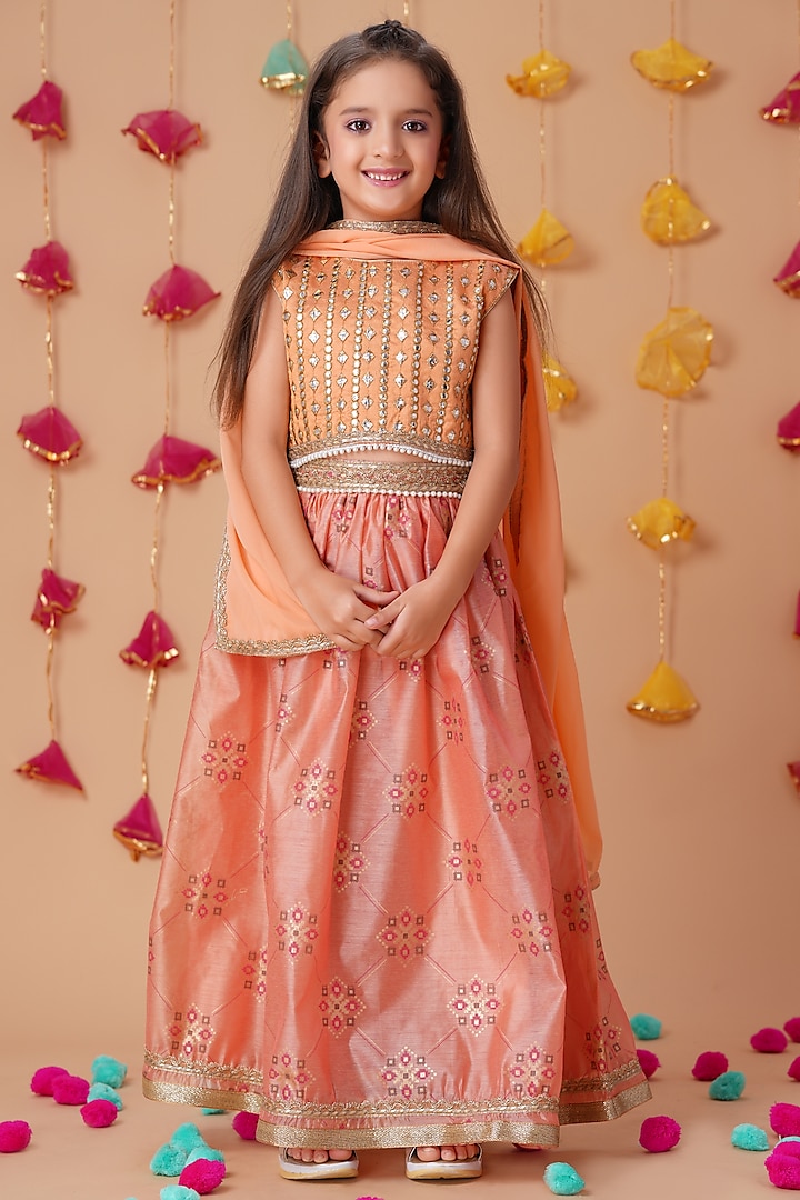 Peach Chanderi Printed Lehenga Set For Girls by K&U at Pernia's Pop Up Shop