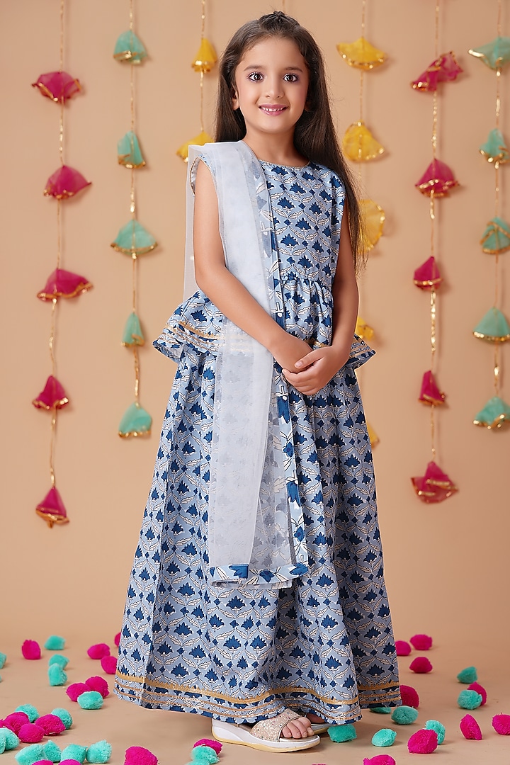 Blue & White Cotton Printed Lehenga Set For Girls by K&U at Pernia's Pop Up Shop