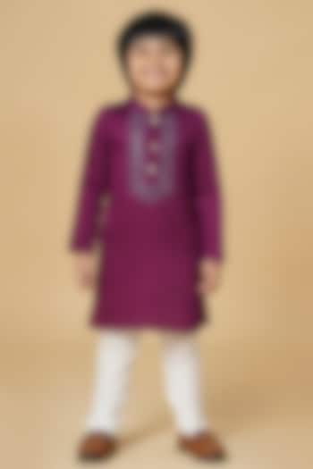 Wine Cotton Glaze Embroidered Kurta Set For Boys by K&U