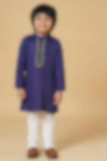 Purple Cotton Glaze Embroidered Kurta Set For Boys by K&U