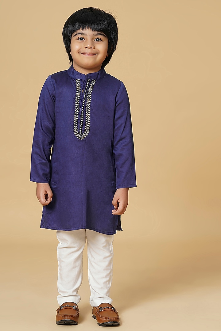 Purple Cotton Glaze Embroidered Kurta Set For Boys by K&U