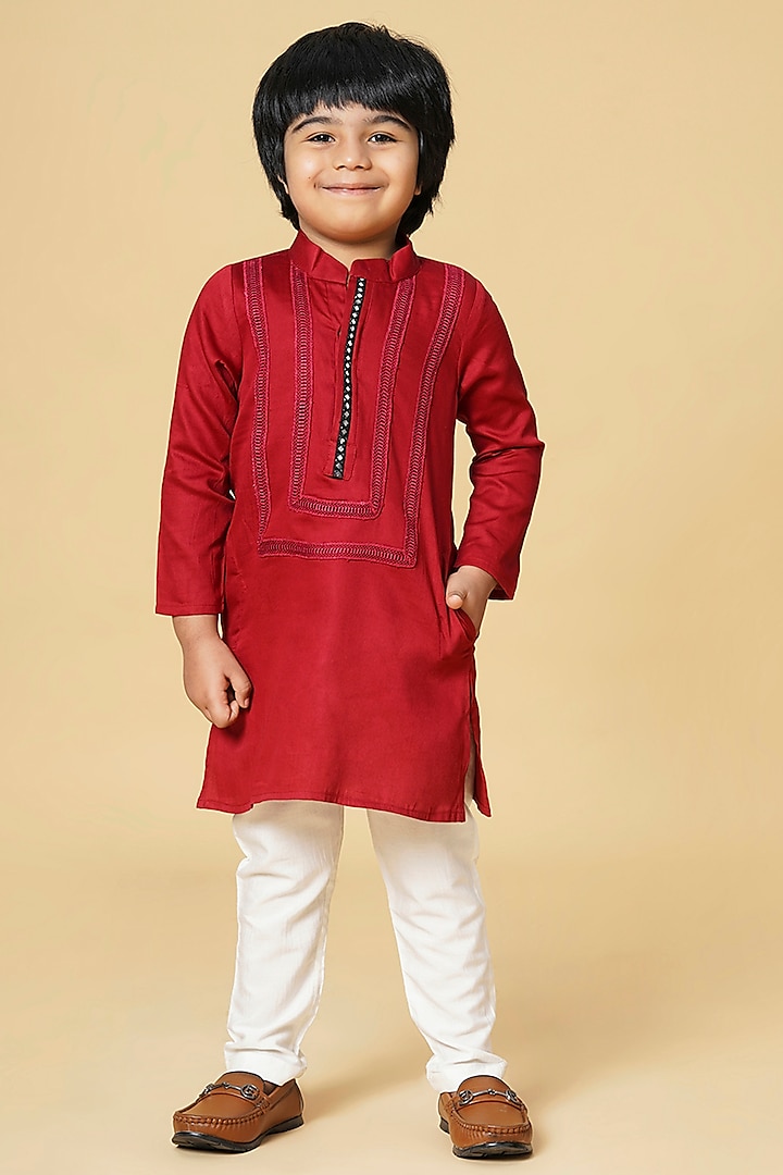 Radiant Red Cotton Glaze Kurta Set For Boys by K&U