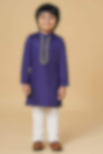 Purple Cotton Glaze Embroidered Kurta Set For Boys by K&U